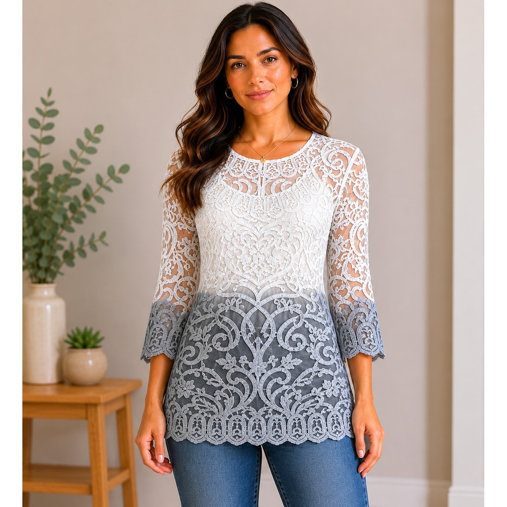 Meadow Rue Blouse Womens Large Grey Excellent Ombre Embroidered Lace 3/4 Sleeve